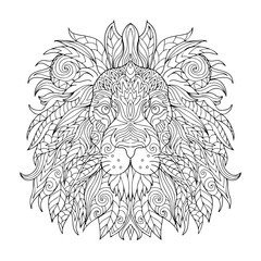 Lion head line art for children or adult coloring book. Vector graphic, coloring page. Hand-drawn with ethnic floral doodle pattern. Zendala, spiritual relaxation. Zen doodles