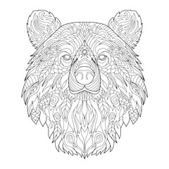 Bear head line art for children or adult coloring book. Vector graphic, coloring page. Hand-drawn with ethnic floral doodle pattern. Zendala, spiritual relaxation. Zen doodles