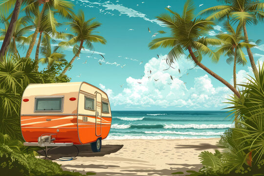 Easy editable vintage caravan and tropical beach