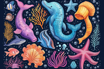 sea animals in hand drawn style. Ocean life. Underwater, under the sea, marine
