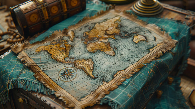 A vintage map with intricate details, tracing the paths of old explorers and creating an adventurous aesthetic on fabric.