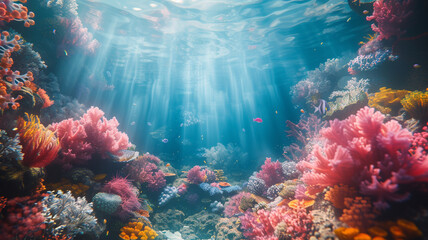 Fototapeta na wymiar A mesmerizing underwater scene with colorful coral reefs and exotic marine life, a marine paradise encapsulated on fabric.