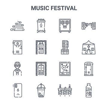 set of 16 music festival concept vector line icons. 64x64 thin stroke icons such as trash bin, artist, health, flyer, lemonade, water bottle, stage, speaker, disc jockey