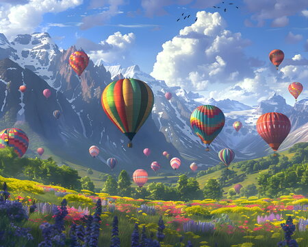 Farbenfrohe Hei&szlig;luftballons &uuml;ber gr&uuml;nem Alpental mit majest&auml;tischen Bergen und blauem Himmel