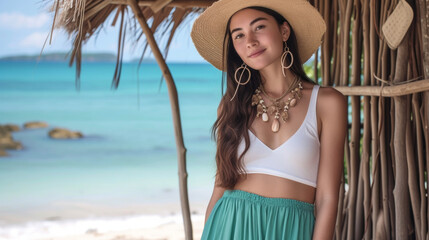 A flowy sea green maxi skirt paired with a cropped white tank top and a layered shell necklace. Complete the look with a woven straw fedora and a pair of beaded hoop earrings. - obrazy, fototapety, plakaty