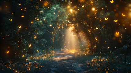 A mysterious and enchanting forest scene, featuring magical creatures and glowing fireflies,...