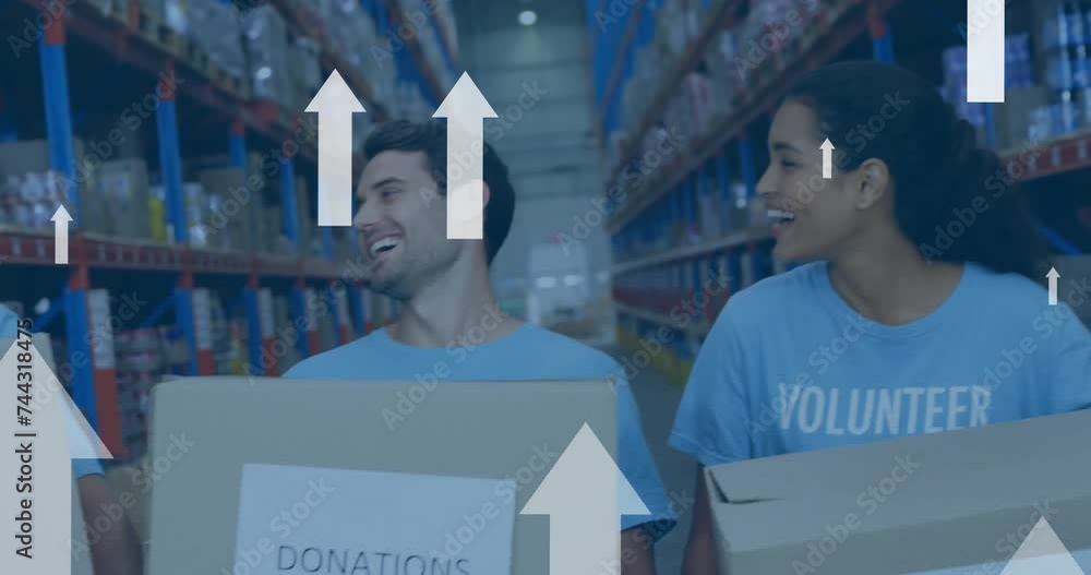 Poster animation of digital data processing over diverse volunteers working in warehouse