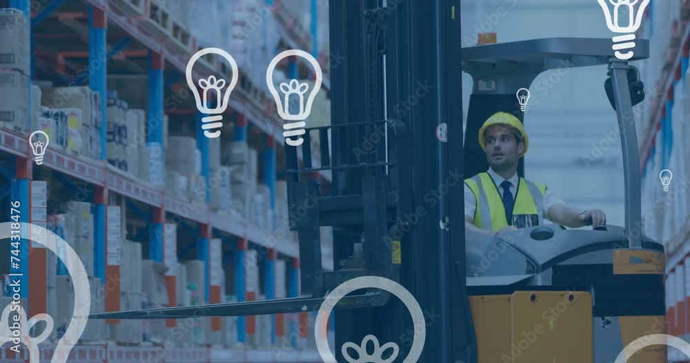 Poster animation of digital data processing over biracial man working in warehouse