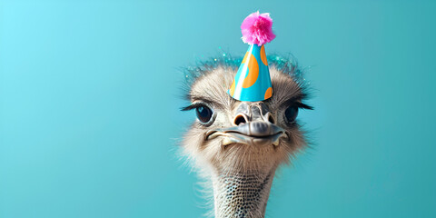 Ostrich head with blue background and birthday party hat Creative animal concept Curious ostrich stares at camera with hairy beak and feathered body ostrich in party cone hat. - obrazy, fototapety, plakaty