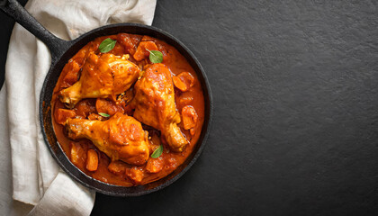Chicken stew. top view shot of Chicken thighs stewed in tomato sauce on black pan, copy space,...