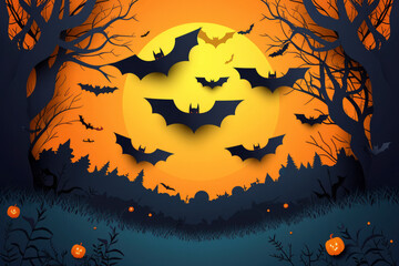 Halloween holiday background. Paper cut style with flying bats. 3d layered effect