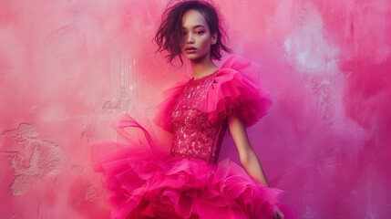 A playful and whimsical mini dress in a vivid shade of fuchsia featuring layers of tulle and delicate lace evoking a sense of extravagance and playfulness.