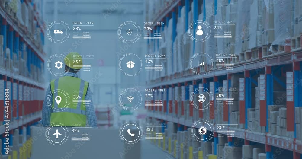 Poster animation of digital data processing over caucasian man working in warehouse