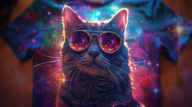 A psychedelic space cat wearing cosmic sunglasses, surrounded by swirling galaxies and cosmic vibes for a quirky and eye-catching t-shirt graphic.