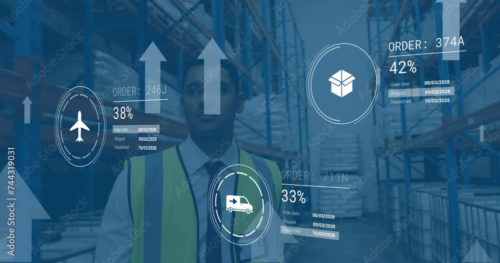Poster animation of digital data processing over biracial man working in warehouse