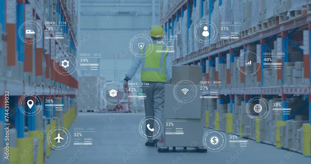 Poster animation of digital data processing over caucasian man working in warehouse
