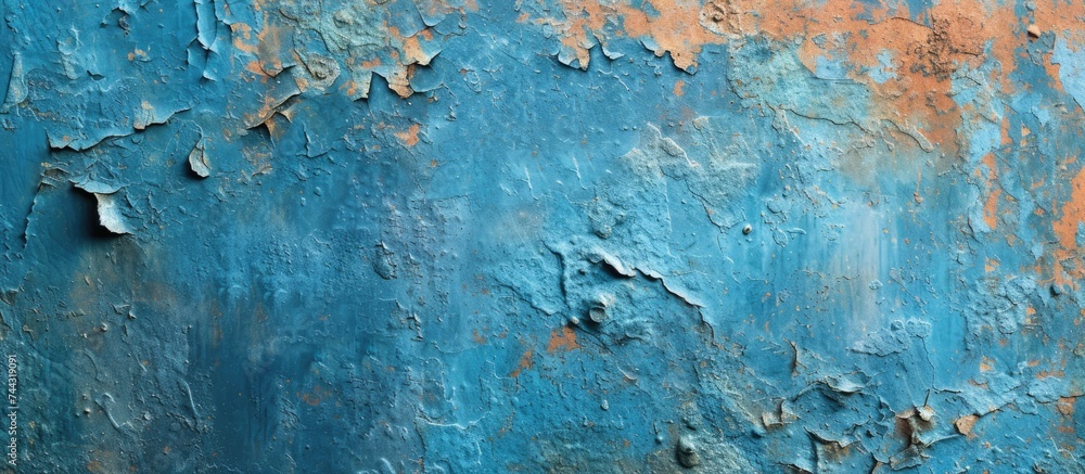 Poster a close-up photo showcasing a rusted metal surface with patches of blue and orange paint creating a 
