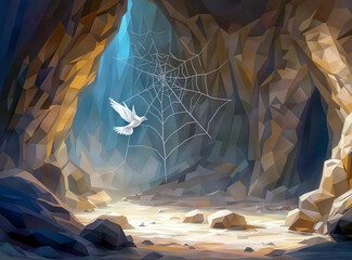 dove and the spider web in front of the opening of the Hira cave