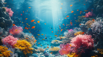 Fototapeta na wymiar A serene underwater scene with colorful coral reefs and exotic fish, capturing the beauty of the ocean for a tranquil and nature-inspired t-shirt graphic.