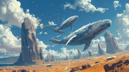 A surreal desert landscape with floating islands and flying whales, combining elements of fantasy and nature for an imaginative t-shirt illustration.