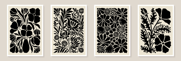 Set of trendy vintage wall prints with black and white flowers, leaves, shapes. Modern aesthetic style Collection of contemporary artistic Design wall decoration, postcard, poster, brochure