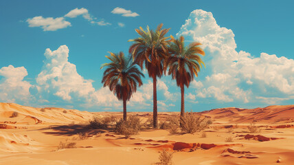 A surreal desert oasis, with palm trees standing tall amid golden dunes, offering an oasis of calm...