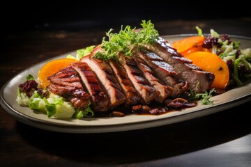 Roasted duck dish plate. Delicious gourmet poultry meat dish. Generate ai