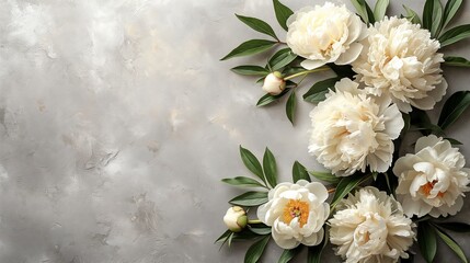 beautiful white blooming peonies with green leaves on a gray background with copy space.