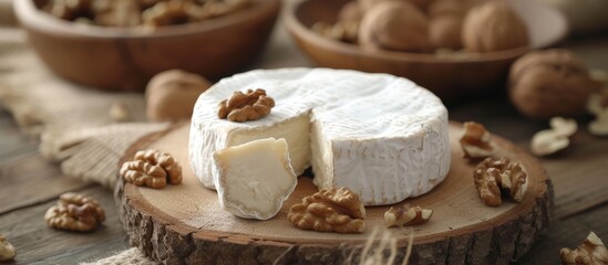 Delicious piece of cheese with assorted nuts on a rustic wooden table