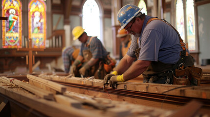 A group of skilled artisans tirelessly work on the restoration of a historical church carefully restoring the original stained glass windows and repairing the ornate wooden - Powered by Adobe