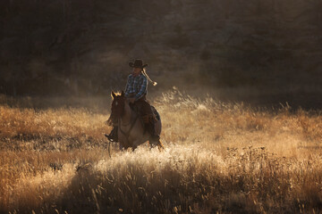 Wyoming Cowgirl backlit riding a roan quarter horse through  tall grass along a canyon wall 