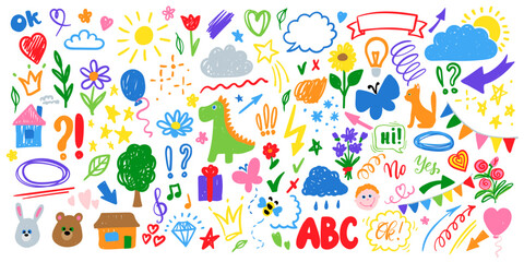 Cute kid scribble line flower, heart. rainbow background. Hand drawn doodle sketch childish element set. children draw style design elements background. Vector illustration with cute animals