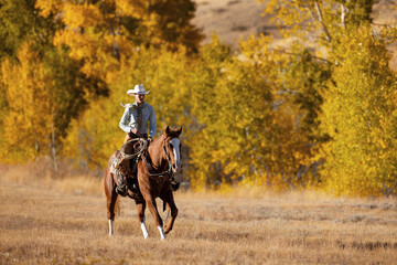Wyoming Cowgirl riding quarter horse