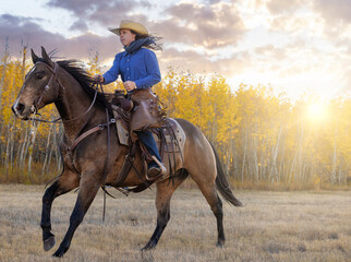 Cowgirl riding a horse galloping running western