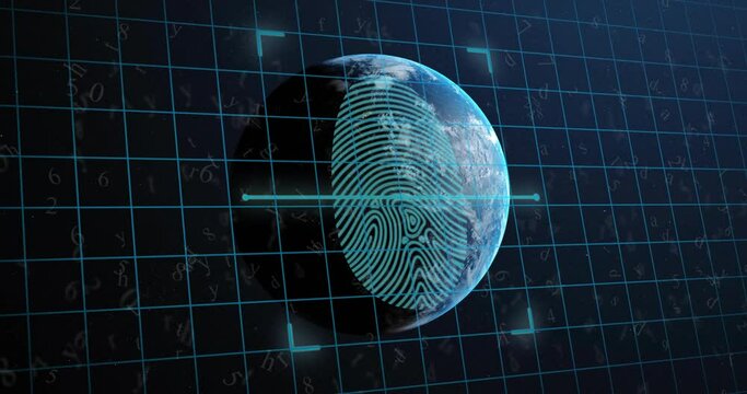 Animation of biometric fingerprint and data processing over globe - Powered by Adobe
