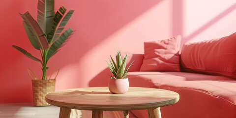 Minimalist living room interior with sofa, wooden coffee table, and decorations. Pink 
