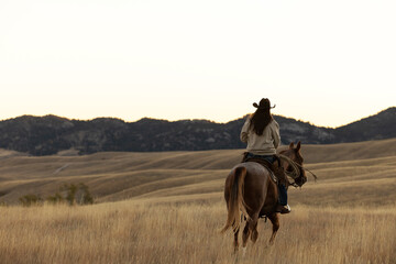 Cowgirl riding horse away to mountains