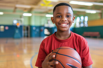 Portrait happy boy holding basketball in a school gymnasium - obrazy, fototapety, plakaty
