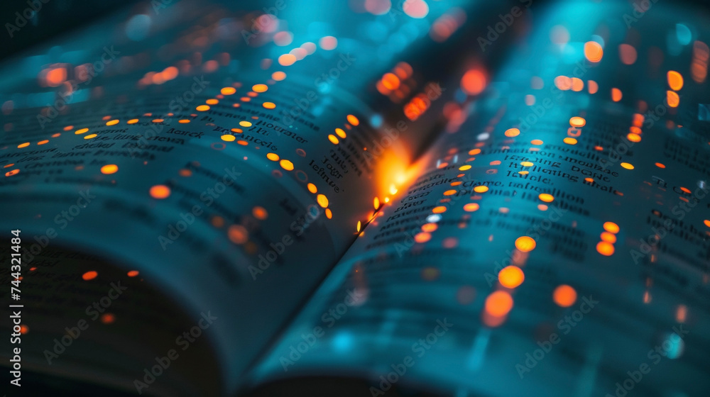 Poster a closeup of a medical textbook with highlighted sections on personalized medicine and genome sequen