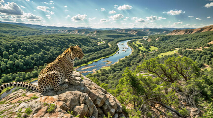 leopard on the rock - obrazy, fototapety, plakaty
