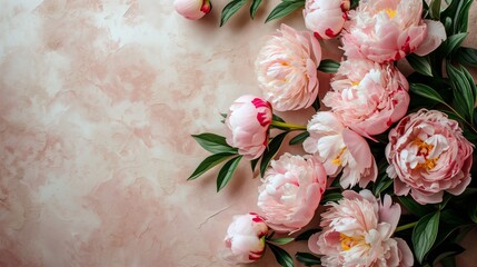 beautiful pink blooming peonies with green leaves on a pink marble background with copy space.