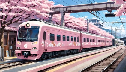 Naklejka premium A pink train in sakura station japan, rail tracks with flourishing cherry blossoms along the railway . Generative AI