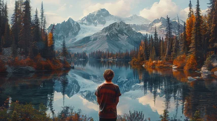 Papier Peint photo Réflexion Majestic mountain peaks reflecting in a crystal-clear alpine lake, a surreal blend of nature's grandeur on your shirt.