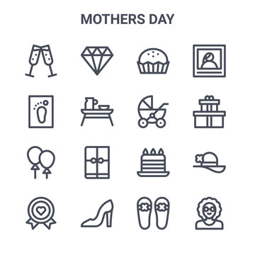 set of 16 mothers day concept vector line icons. 64x64 thin stroke icons such as diamond, barefoot, gifts, cake, shoes, grandmother, slippers, stroller, photograph