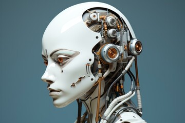 Robot female head. Metal science. Generate Ai