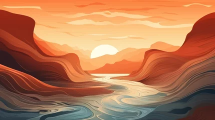Papier Peint photo Orange Digital canyon landscape with water surface
