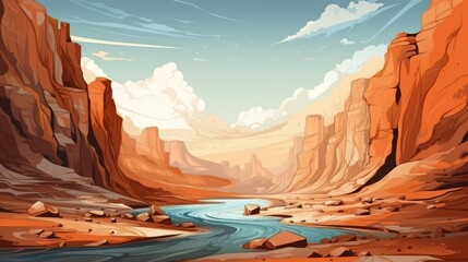 Digital canyon landscape with water surface