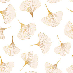 seamless pattern of hand draw illustrations floral outline golden ginkgo biloba leaves on pink background. for wall decoration, postcard or brochure cover design