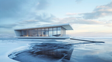 Perched atop a frozen lake this modern structure is fully equipped with specialized materials to withstand extreme cold and high winds while still offering stunning panoramic