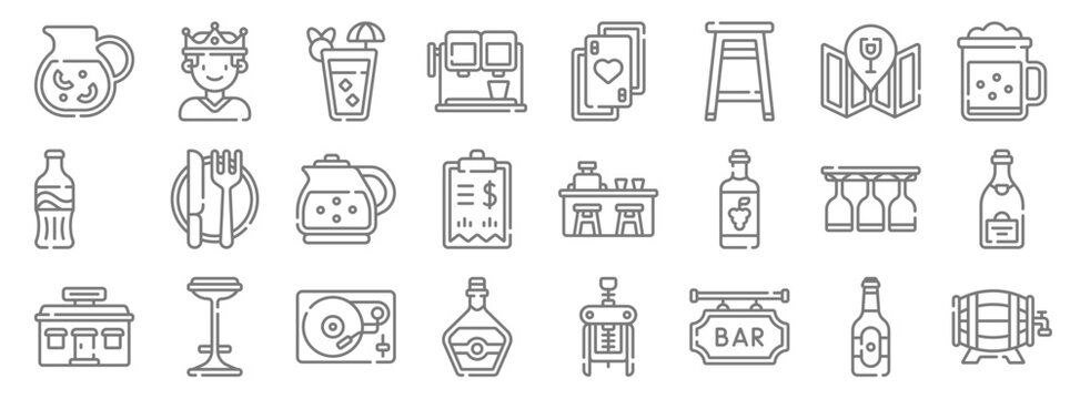 bar line icons. linear set. quality vector line set such as beer keg, bar, whisky, bar, glasses, kettle, beer mug, poker cards, vip